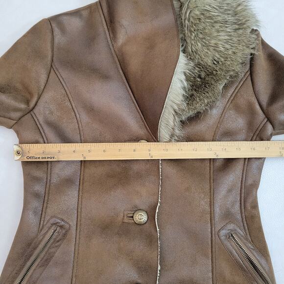 Guess Brown Faux Leather Knee Length Coat Faux Fur Collar Zip Pockets Small - Picture 10 of 13